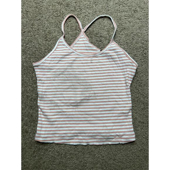 Women’s large ambiance pink and white striped ribbed cropped tank top racer back - Picture 1 of 4